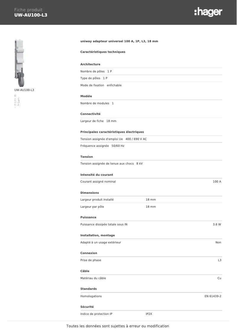 Page n°1 - Manuel utilisateur Hager UW-AU100-L3