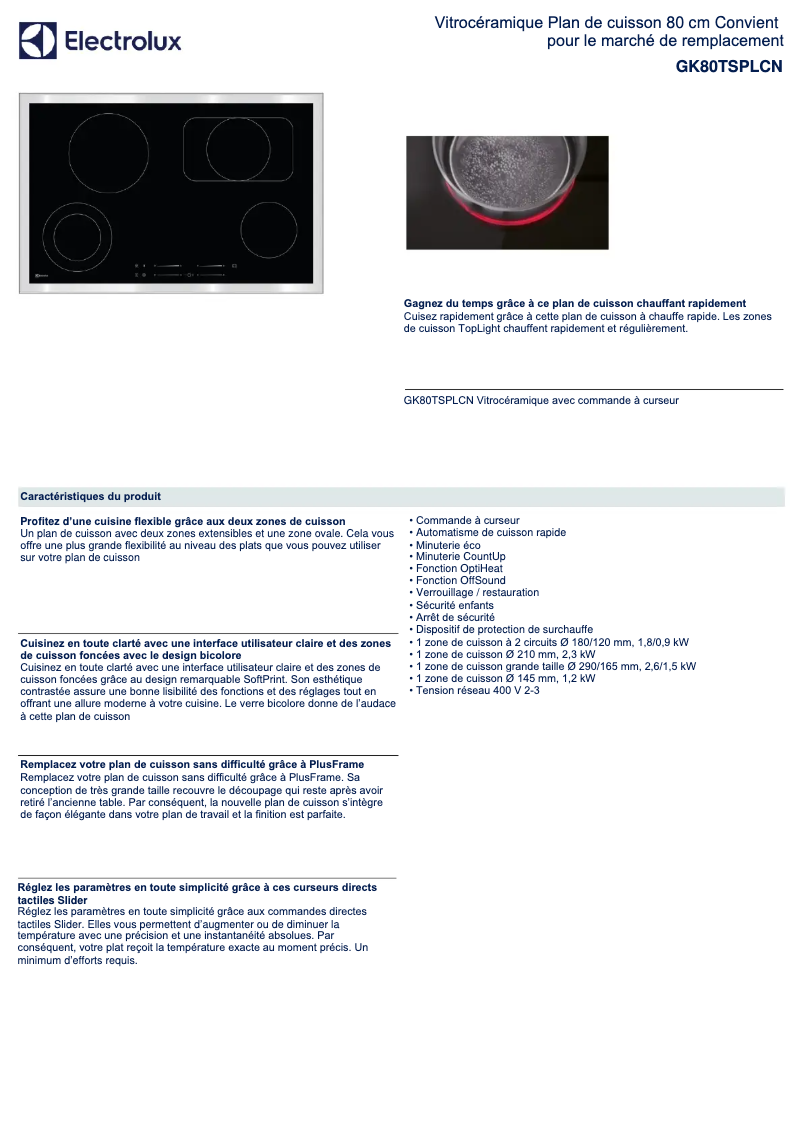 Page n°1 - Fiche technique Electrolux GK80TSPLCN