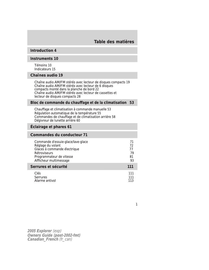 Page 1 de la notice Manuel utilisateur Ford Explorer (2005)