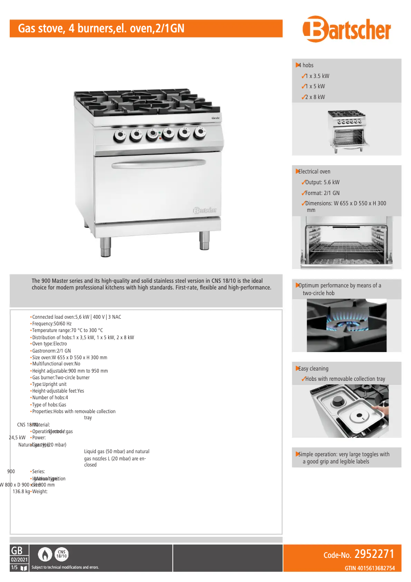 Page n°1 - Fiche technique Bartscher 2952271