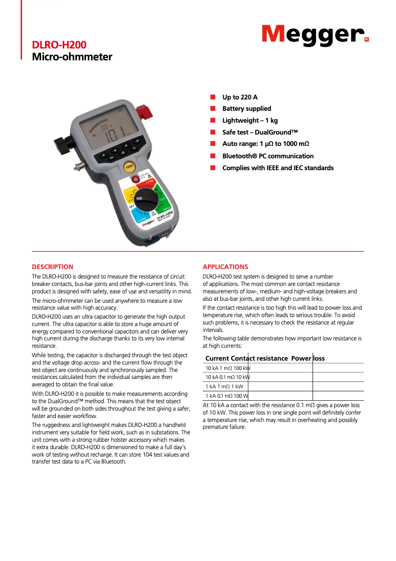 Page 1 de la notice Fiche technique Megger DLRO-H200