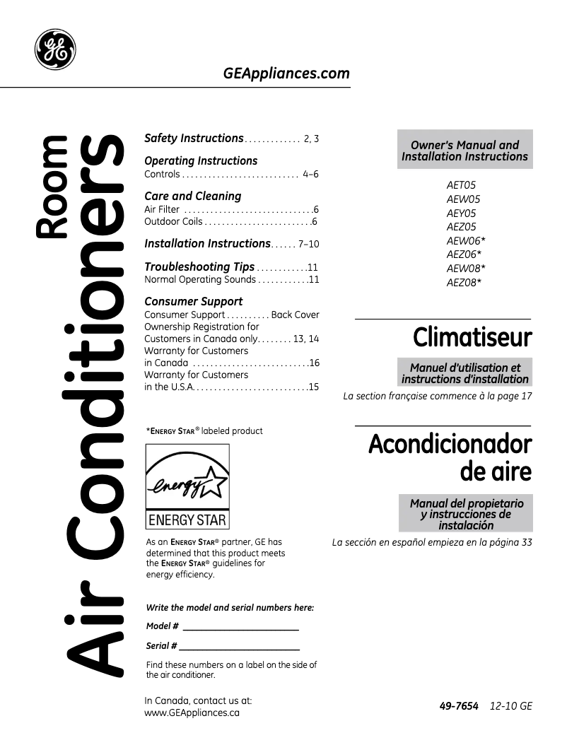 Page n°1 - Guide d'installation GE AEZ08LP