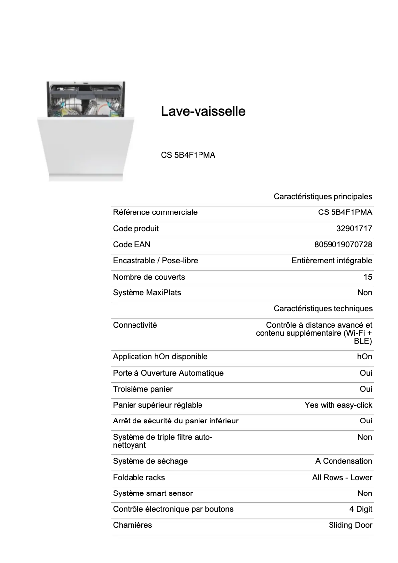 Page 1 de la notice Fiche technique Candy CS 5B4F1PMA