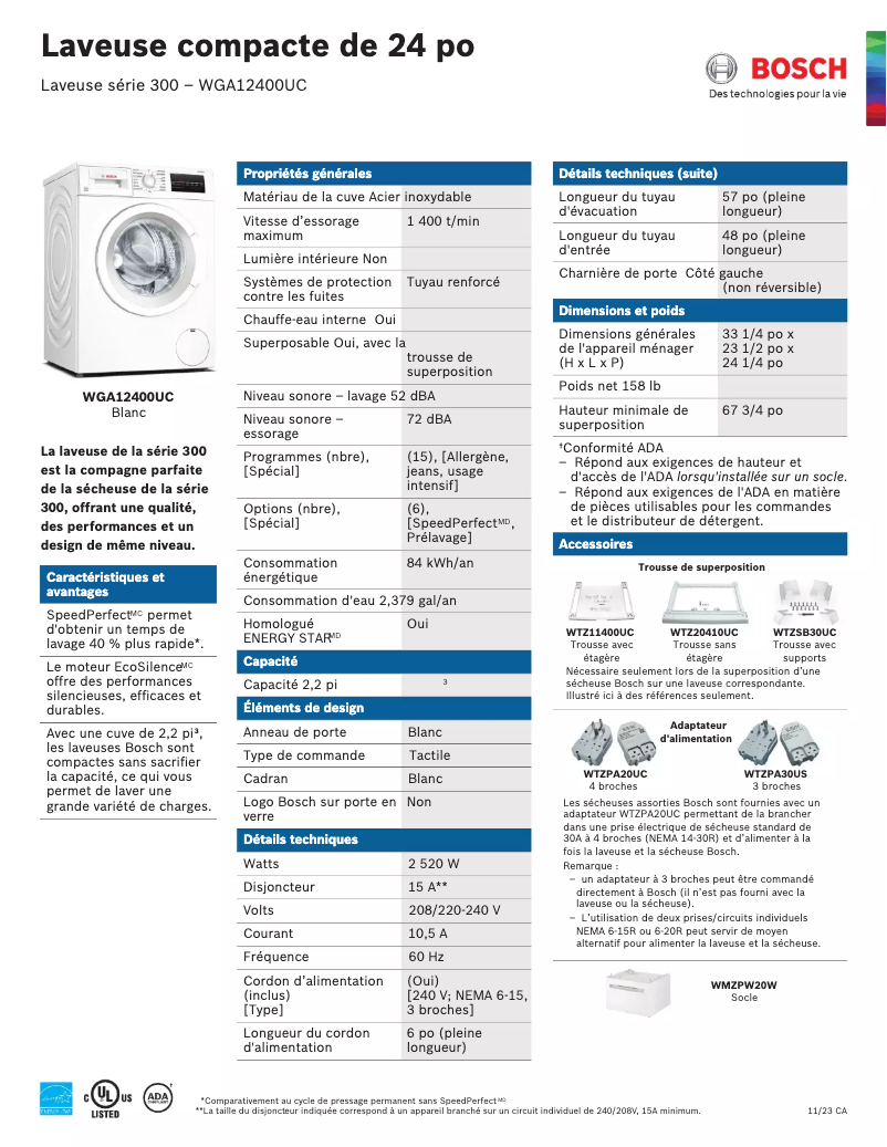 Page n°1 - Fiche technique Bosch WGA12400UC