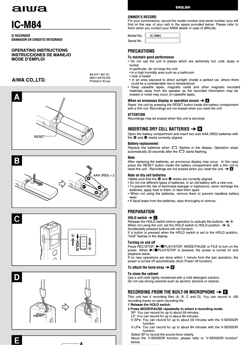 Page n°1 - Manuel utilisateur Aiwa IC-M84
