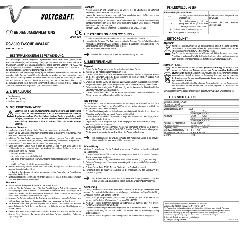 Page n°1 - Manuel utilisateur Voltcraft PS-500C