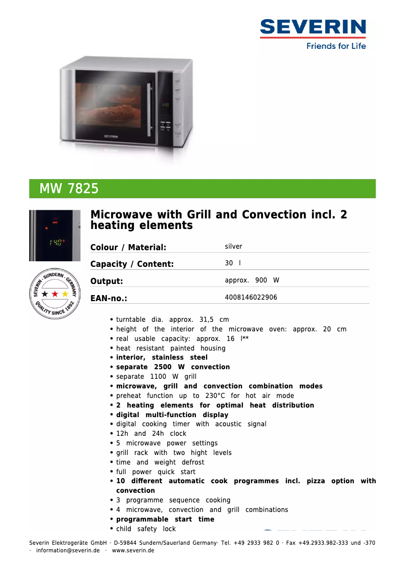 Page 1 de la notice Fiche technique Severin MW 7825