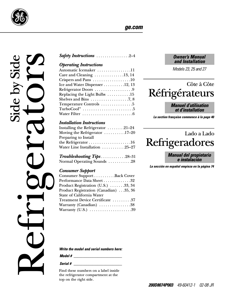 Page 1 de la notice Guide d'installation GE GSF25TGTBB