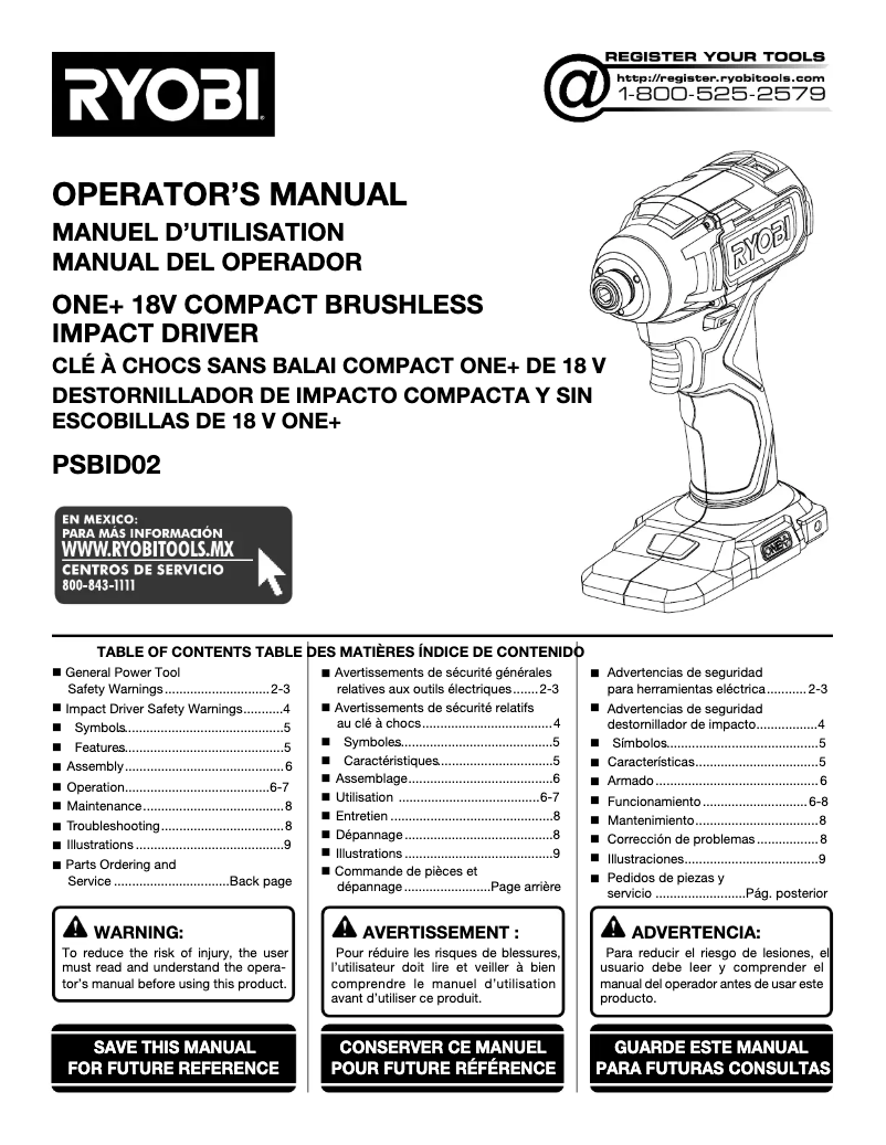 Page n°1 - Manuel utilisateur RYOBI One+ PSBID02