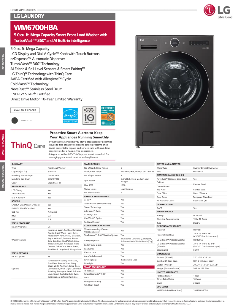 Page 1 de la notice Fiche technique LG WM6700HBA