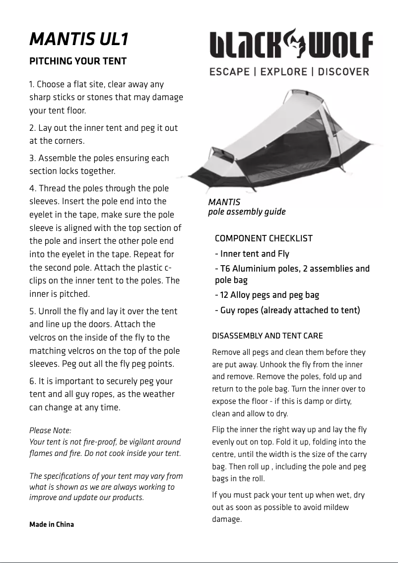 Page 1 de la notice Manuel utilisateur Black Wolf Mantis UL 1