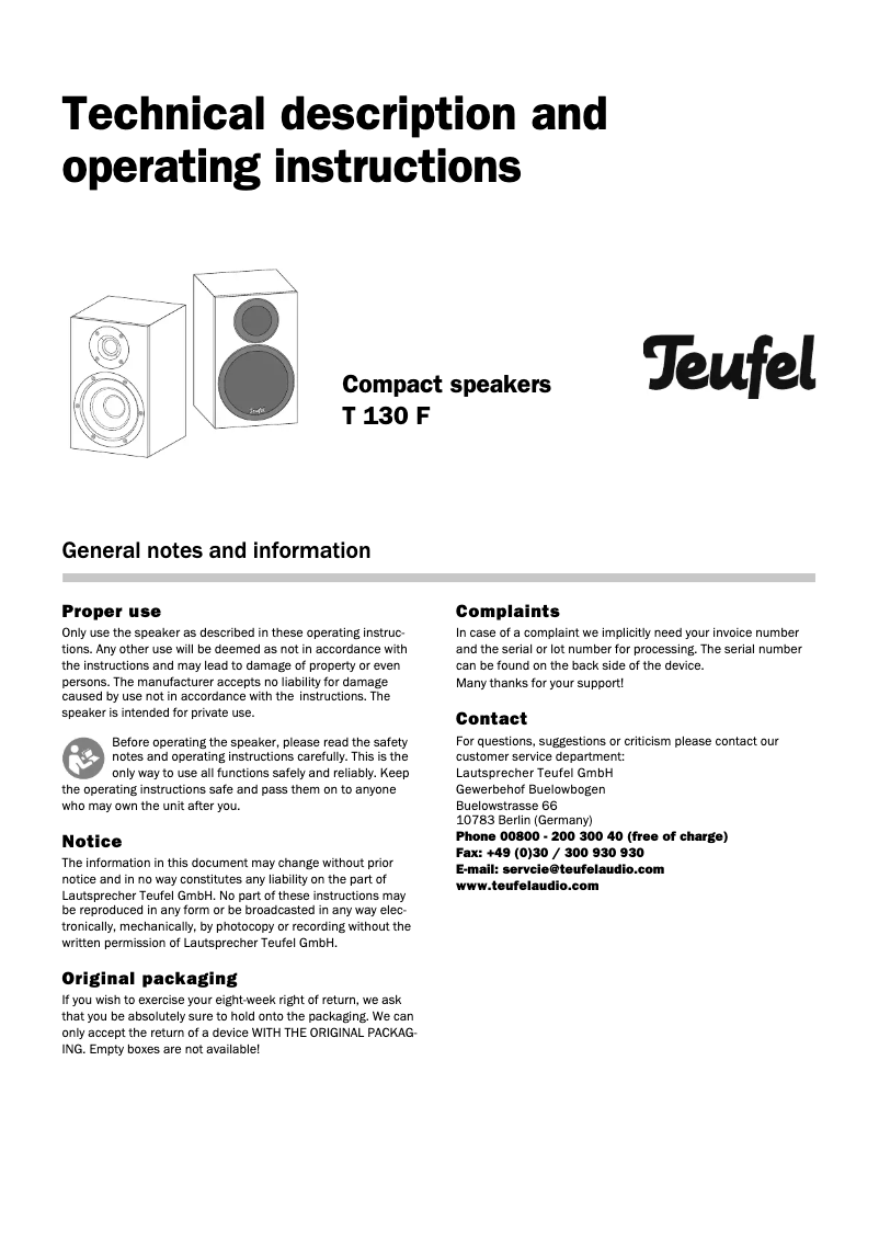 Page 1 de la notice Manuel utilisateur Teufel T 130 F