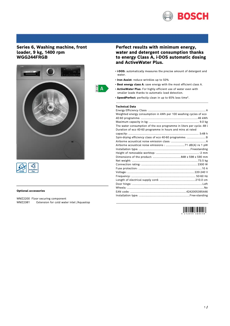 Page n°1 - Fiche technique Bosch WGG244FRGB