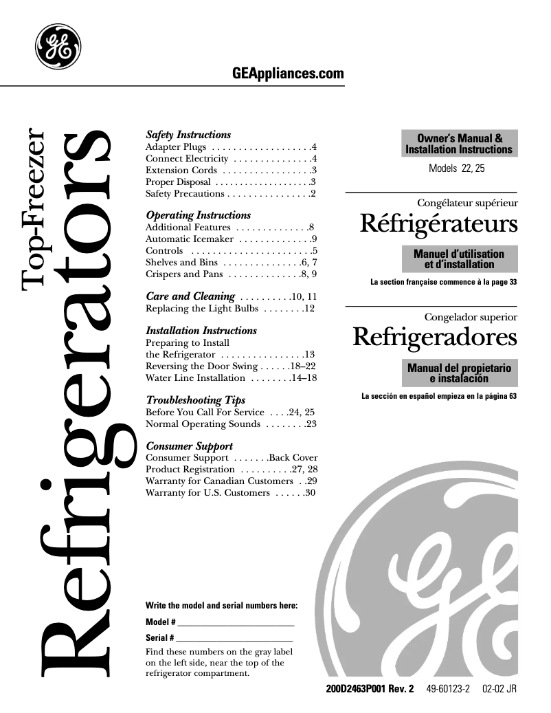 Page 1 de la notice Guide d'installation GE GTS22QBMCC