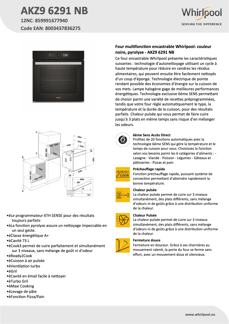 Page n°1 - Fiche technique Whirlpool AKZ9 6291 NB