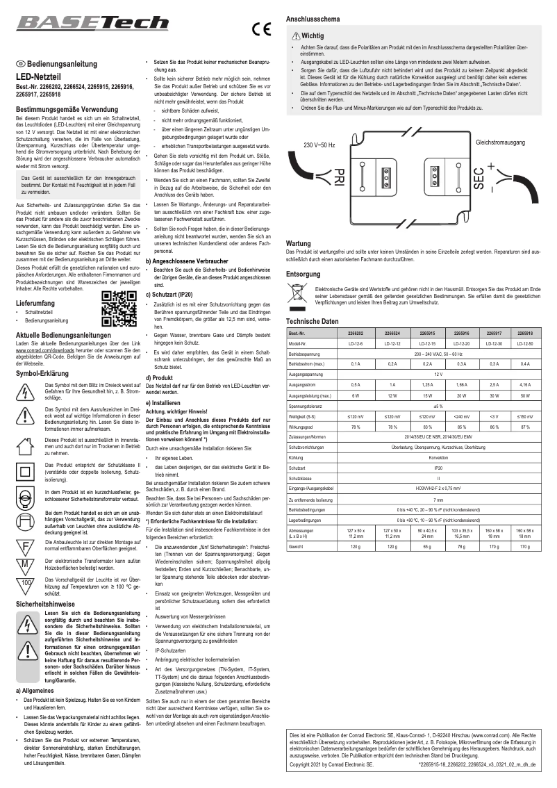 Page 1 de la notice Manuel utilisateur BaseTech LD-12-20