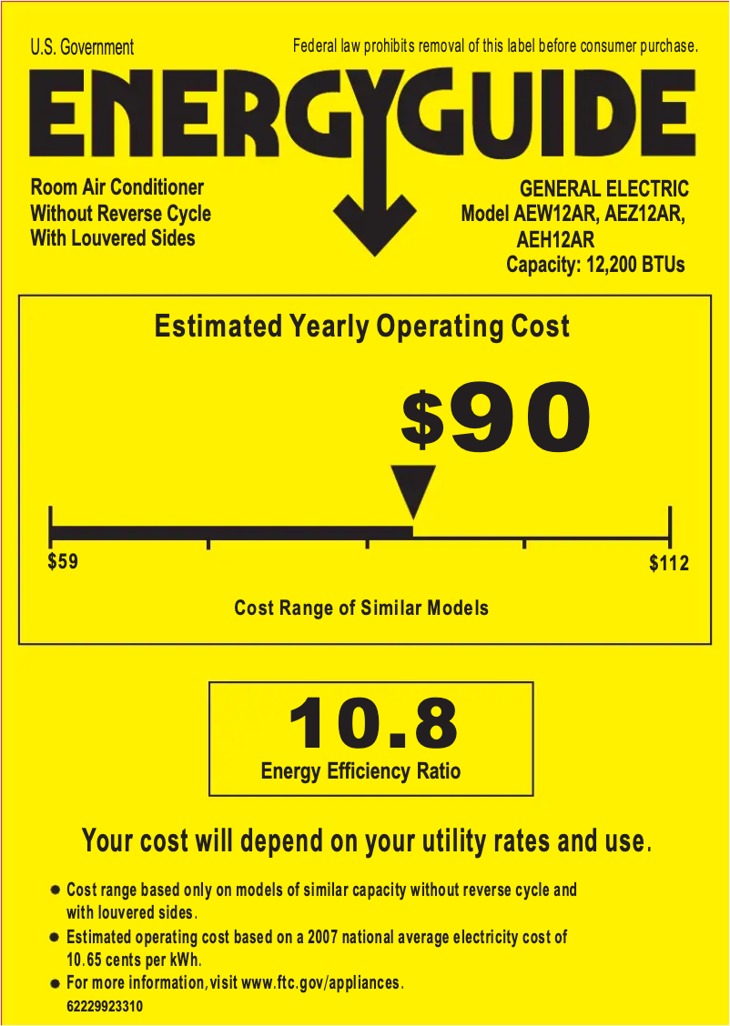 Page 1 de la notice Label énergétique GE AEW12AR