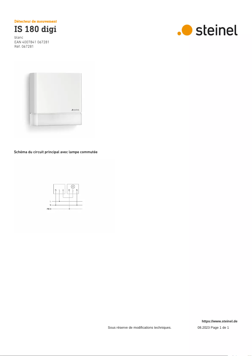 Page 1 de la notice Schéma de câblage Steinel IS 180 Digi