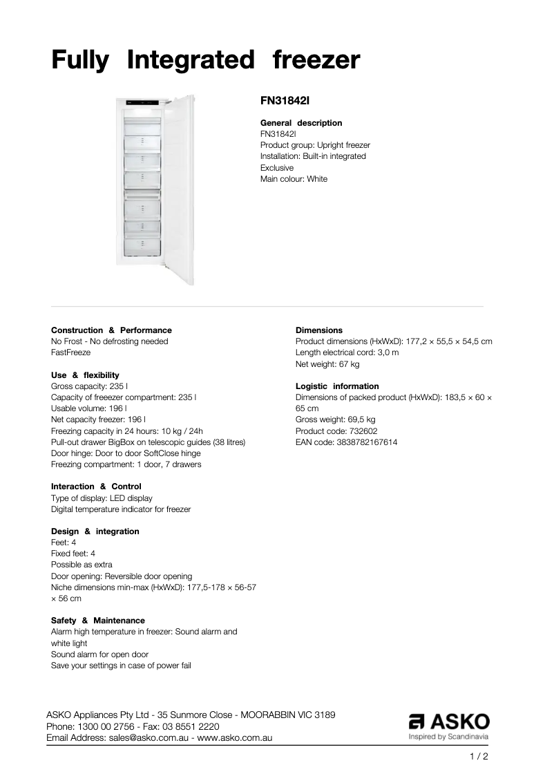 Page 1 de la notice Fiche technique Asko FN31842I