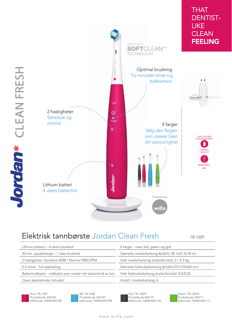 Page 1 de la notice Fiche technique Wilfa Jordan Clean Fresh TB-120P