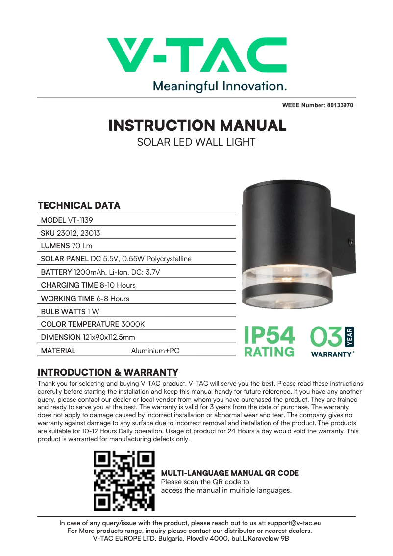 Page 1 de la notice Manuel utilisateur V-TAC VT-1139
