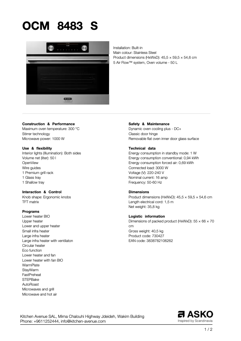 Page 1 de la notice Fiche technique Asko OCM8483S