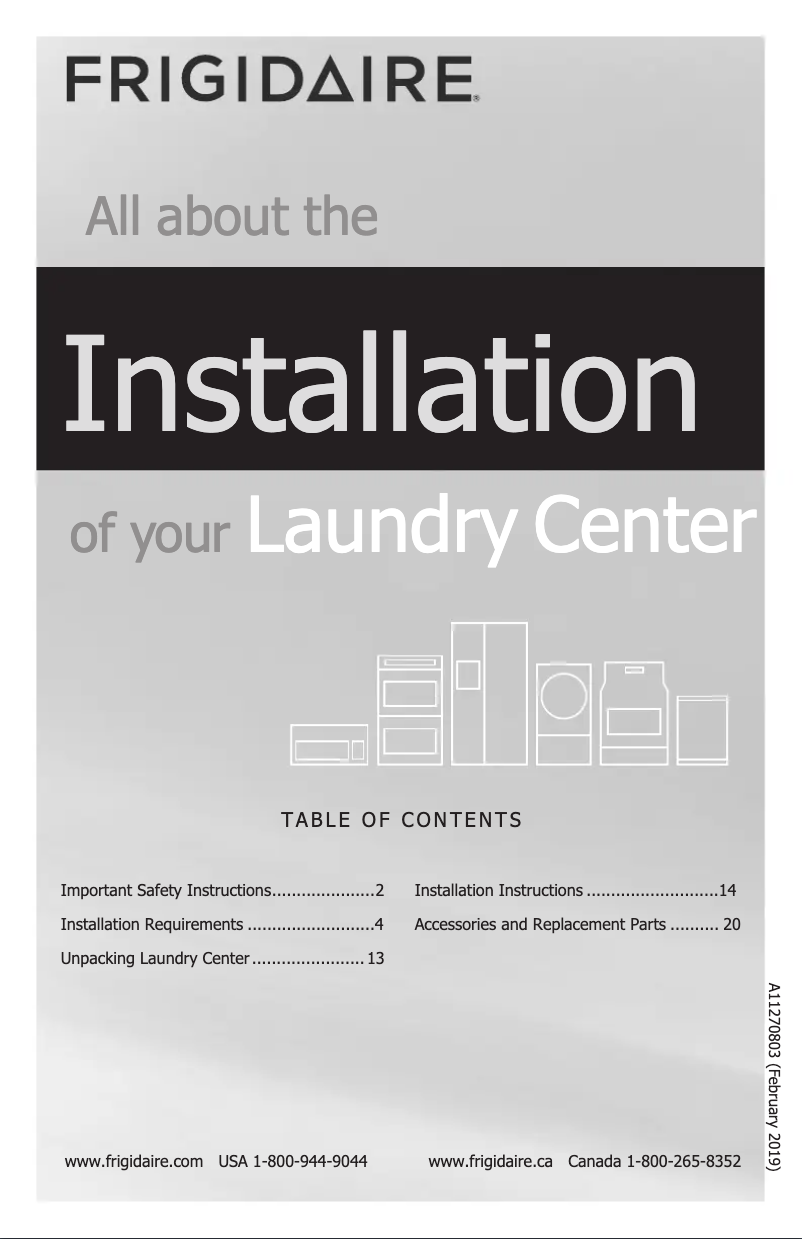 Page 1 de la notice Guide d'installation Frigidaire FFLE3900UW