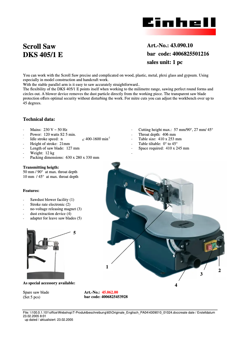 Page n°1 - Fiche technique Einhell DKS 405-1 E