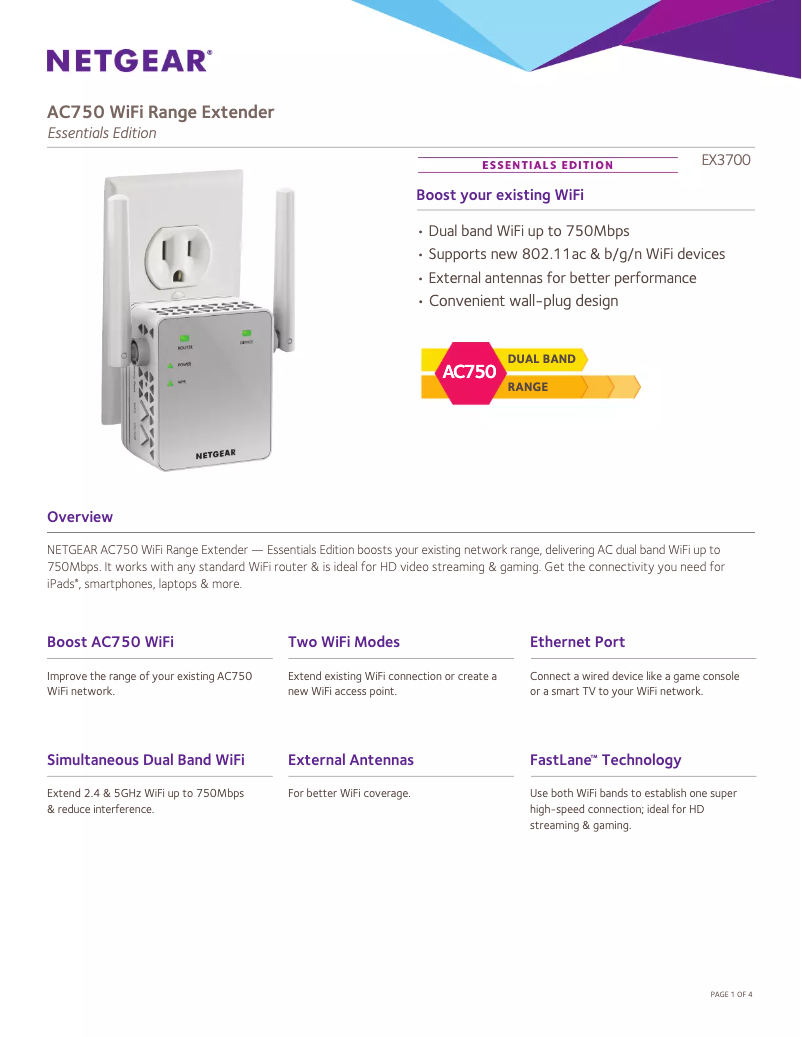 Page 1 de la notice Fiche technique Netgear EX3700