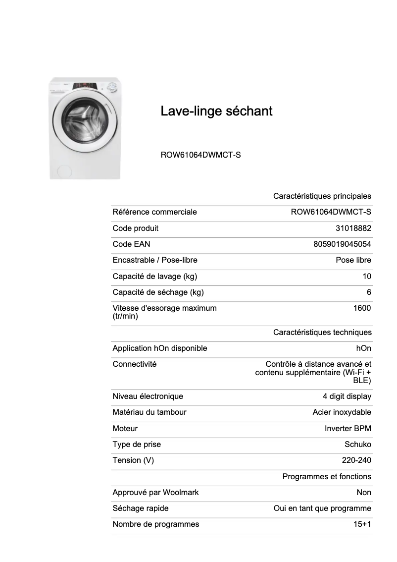 Image de la première page du manuel de l'appareil ROW61064DWMCT-S