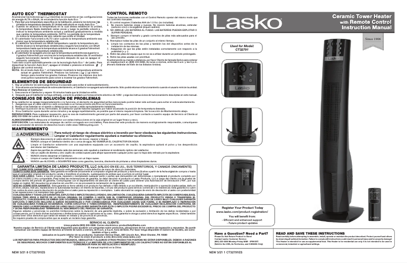 Page n°1 - Manuel utilisateur Lasko CT32791