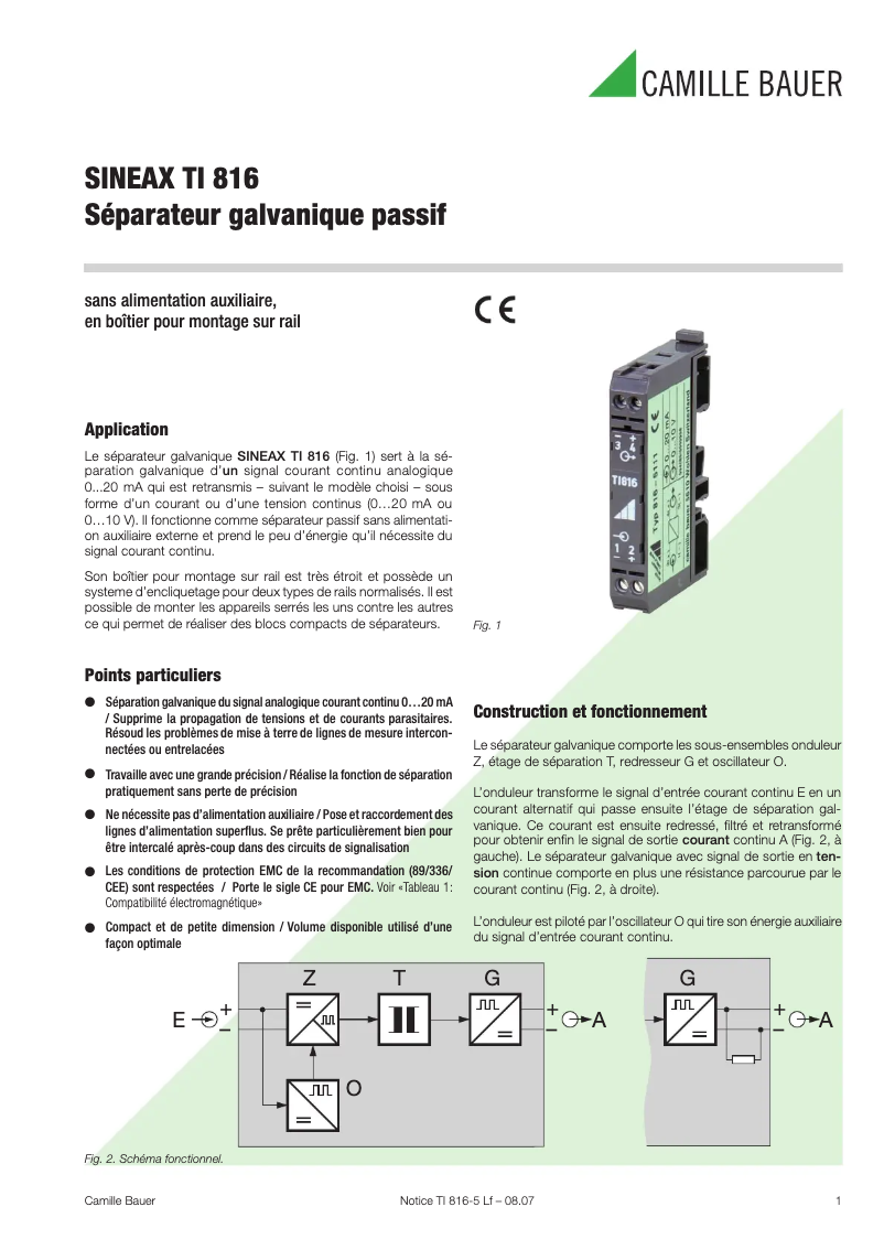 Page n°1 - Fiche technique Camille Bauer Sineax TI816