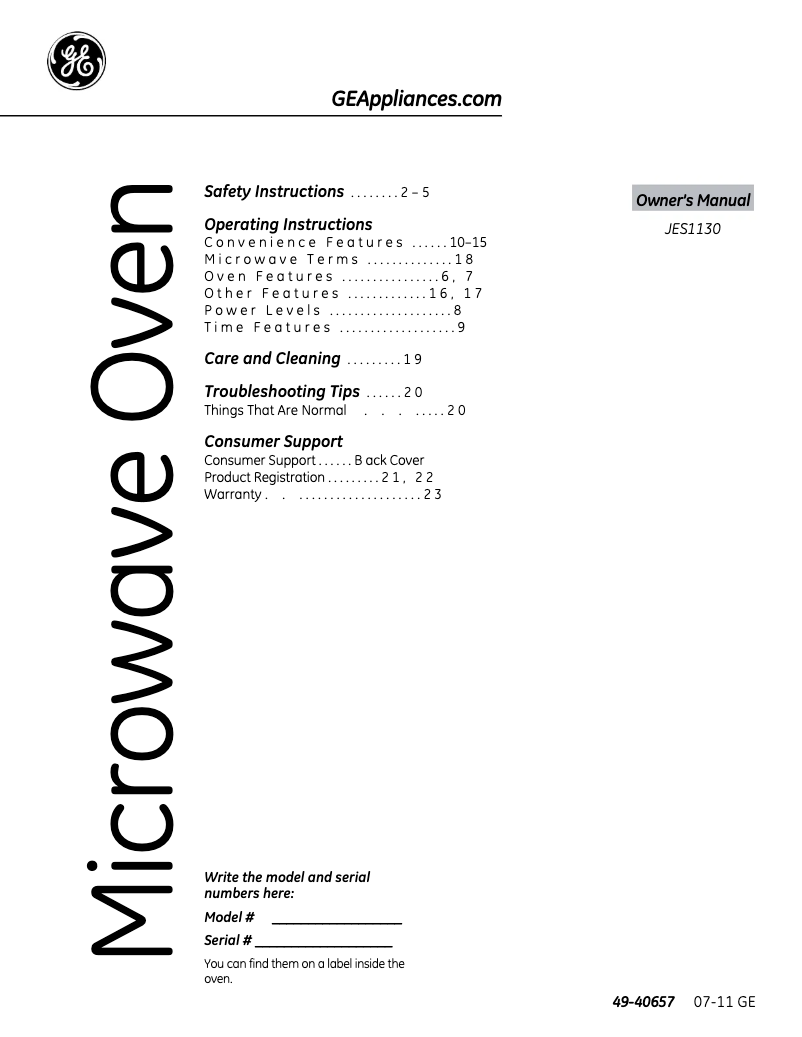 Page 1 de la notice Manuel d'utilisation et d'entretien GE JES1130DSWW
