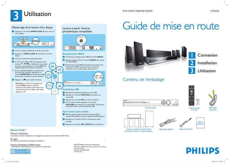 Page 1 de la notice Guide de démarrage rapide Philips HTS3555