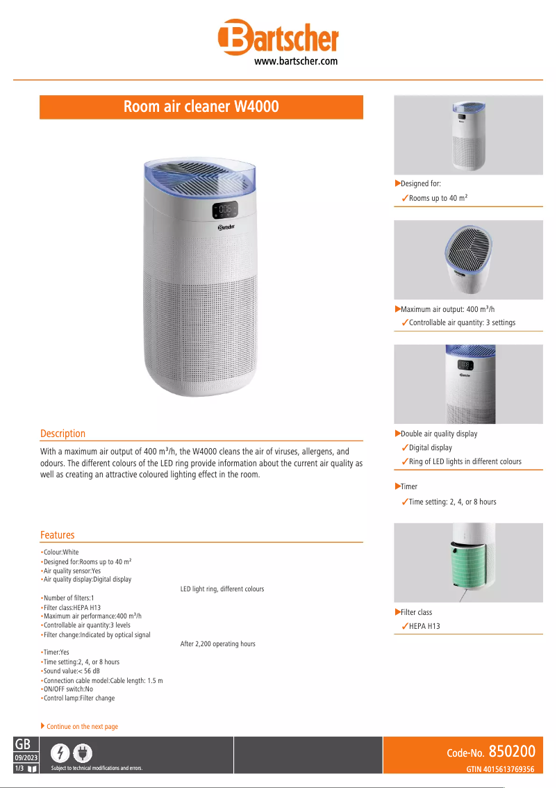 Page 1 de la notice Fiche technique Bartscher W4000