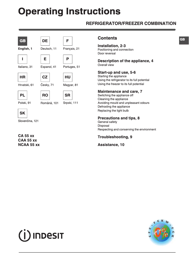 Page 1 de la notice Manuel utilisateur Indesit CAA 55 1