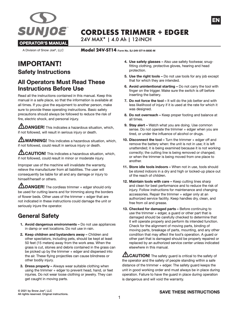 Page n°1 - Manuel utilisateur Sun Joe 24V-ST14