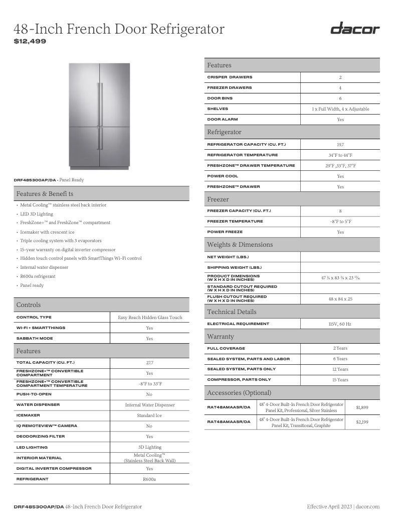 Page 1 de la notice Fiche technique Dacor DRF485300AP