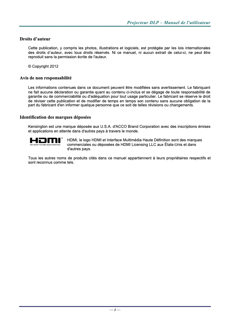 Page n°1 - Manuel utilisateur Vivitek D803W