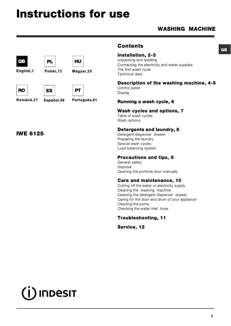 Page 1 de la notice Manuel utilisateur Indesit IWE 6125 B