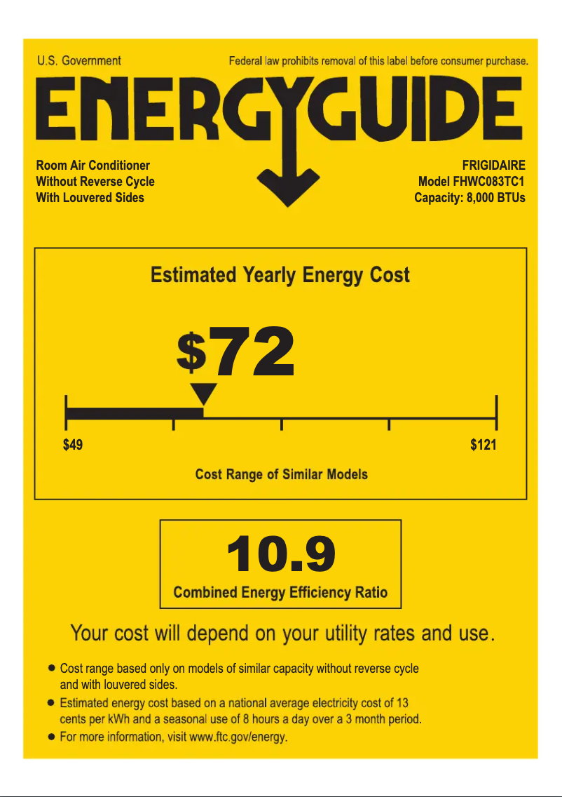 Page 1 de la notice Label énergétique Frigidaire FHWC083TC1