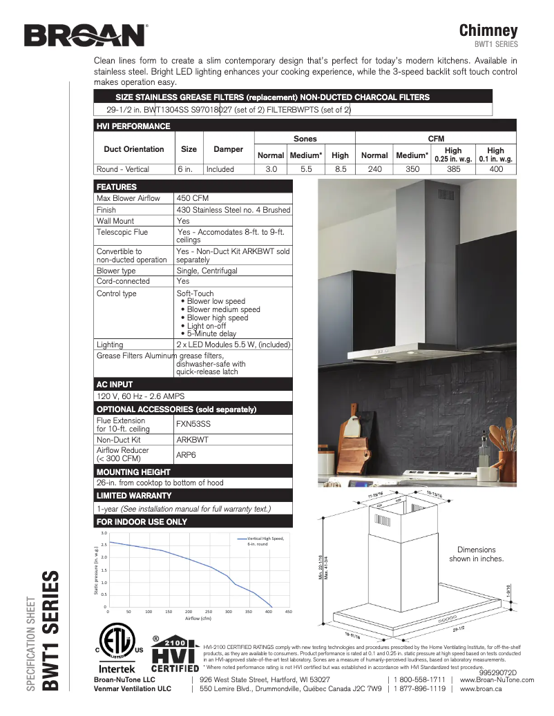 Page 1 de la notice Fiche technique Broan BWT1304SS
