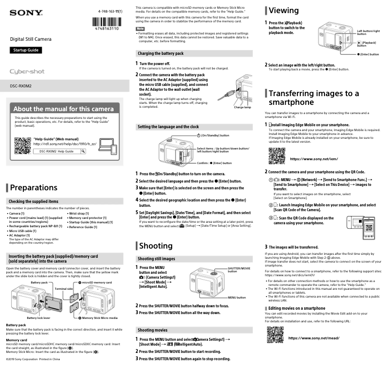 Image de la première page du manuel de l'appareil CyberShot DSC-RX0 II