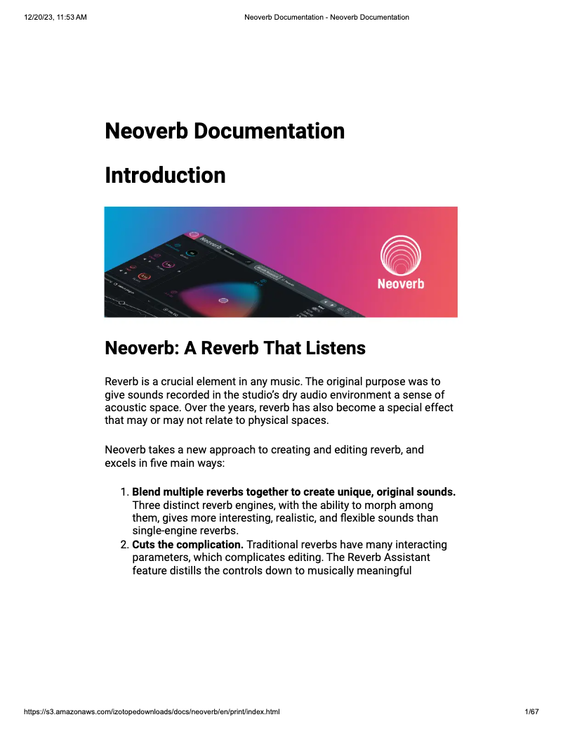 Page 1 de la notice Manuel utilisateur iZotope Neoverb