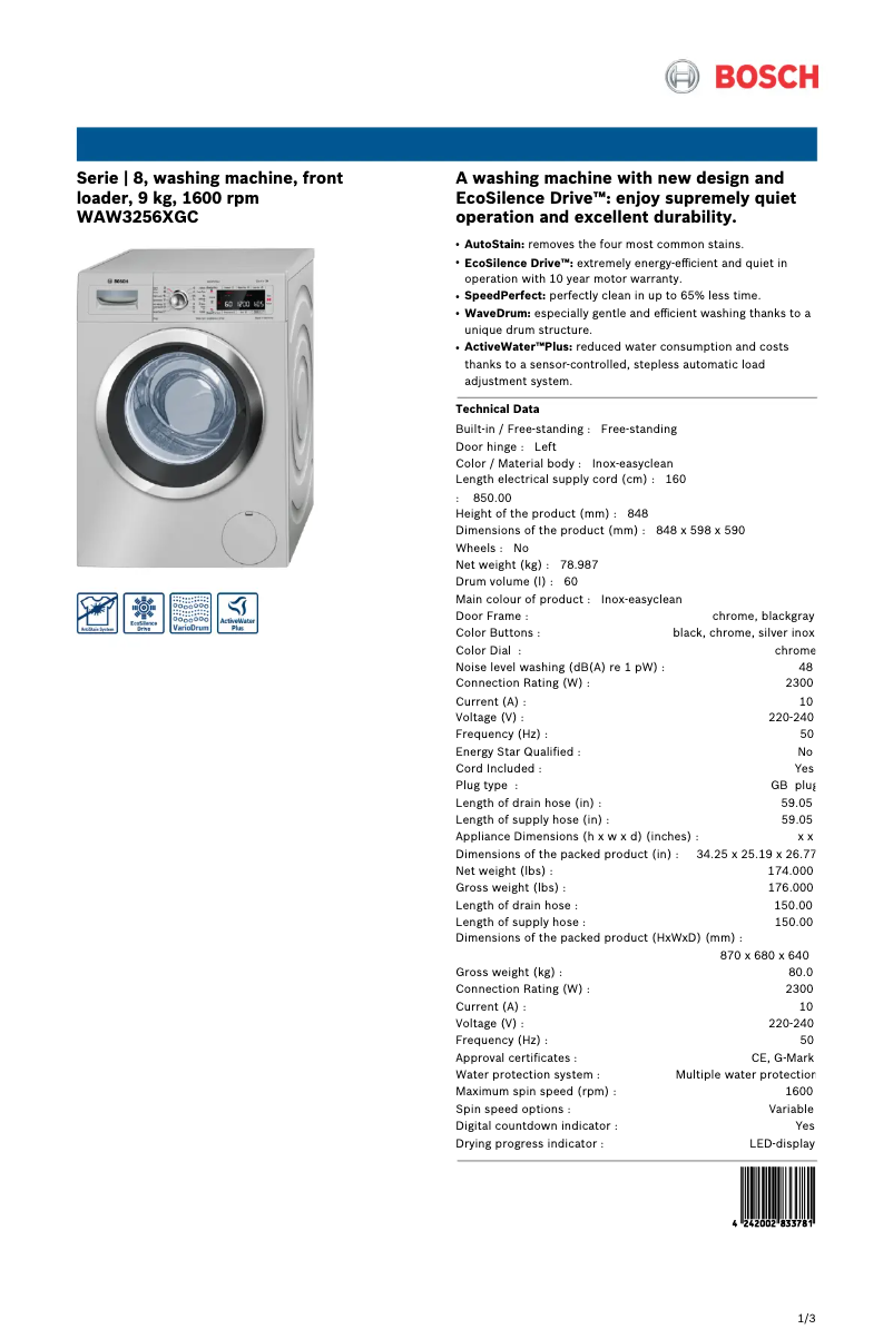 Page 1 de la notice Fiche technique Bosch WAW3256XGC