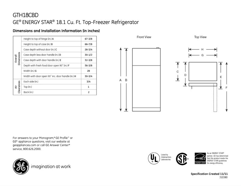Página 1 del manual Ficha técnica GE GTH18CBDRWW
