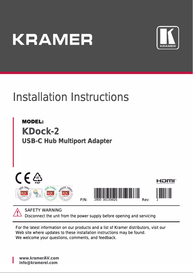 Page n°1 - Manuel utilisateur Kramer KDock-2