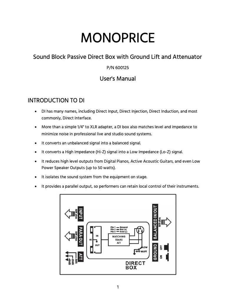 Page n°1 - Manuel utilisateur Monoprice 600125