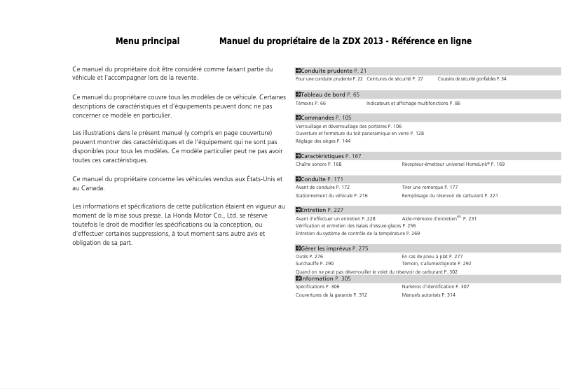 Page n°1 - Manuel utilisateur Acura ZDX (2013)