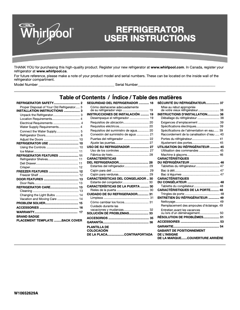 Page n°1 - Manuel d'utilisation et d'entretien Whirlpool WRT134TFD